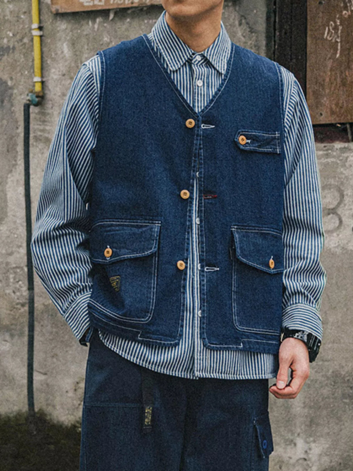 Navy denim vest with V-neck, button-up front, and four pockets.