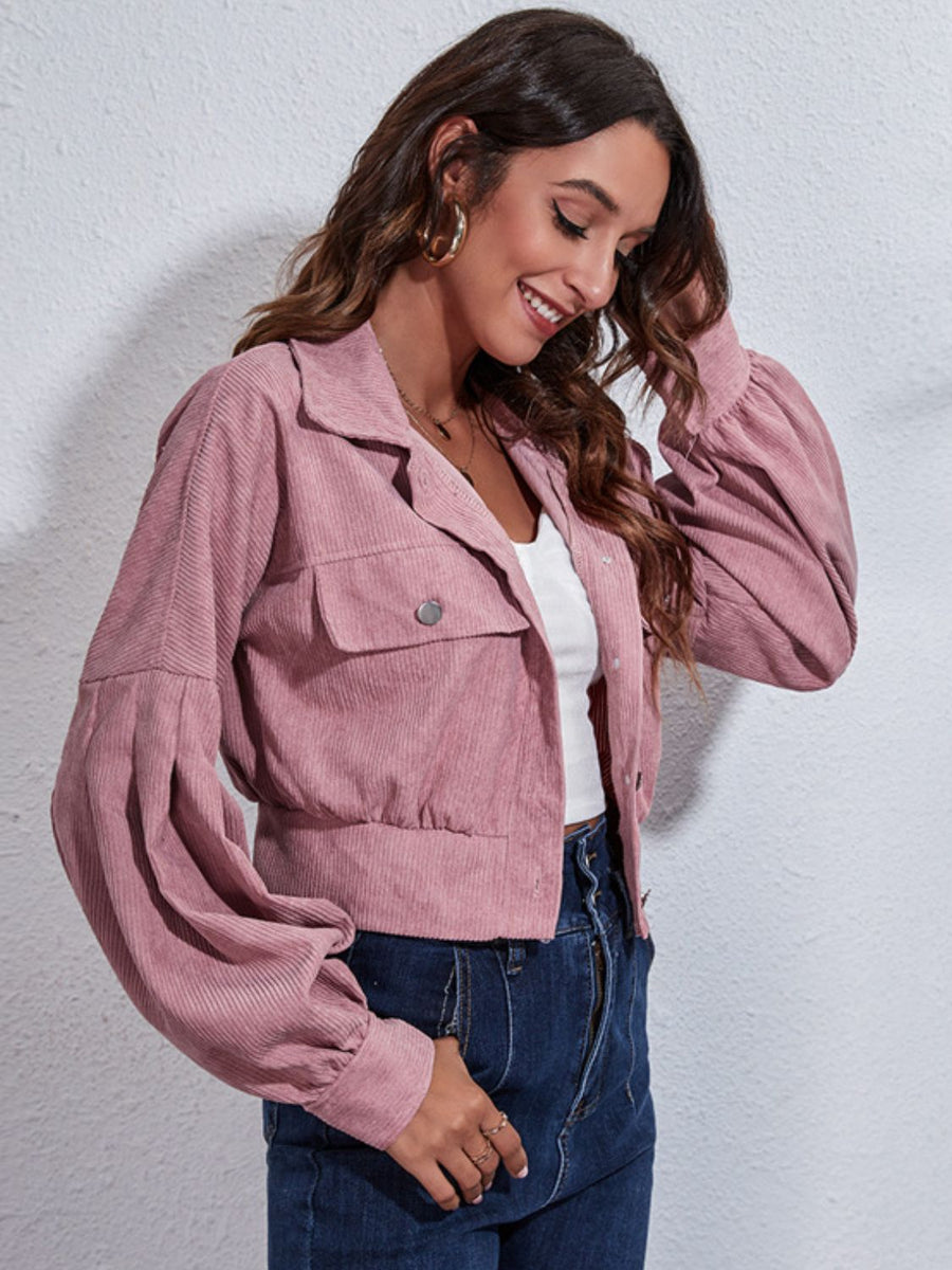 Dusty Pink corduroy cropped jacket with balloon sleeves and button front.