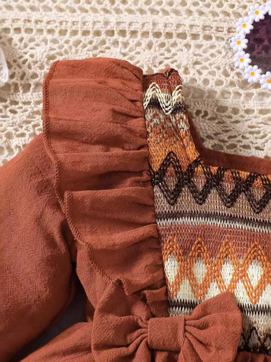 Light Brown with Children's Bow Long Sleeve Blouse And Pants Set