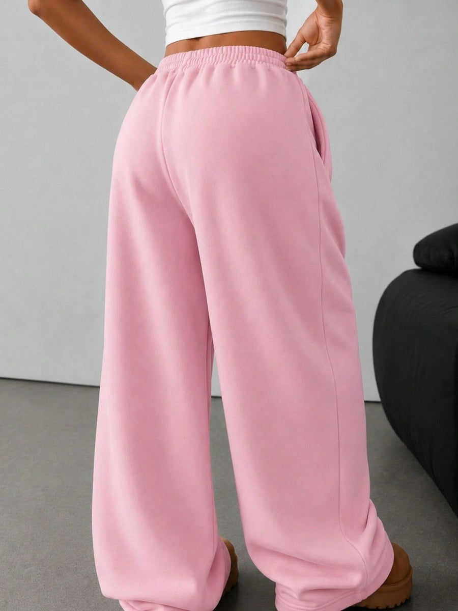 Relaxed-Fit Elastic Waist Wide-Leg Sweatpants in Pink with pocketed