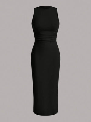Black sleeveless round neck midi dress with ruched waist detail.