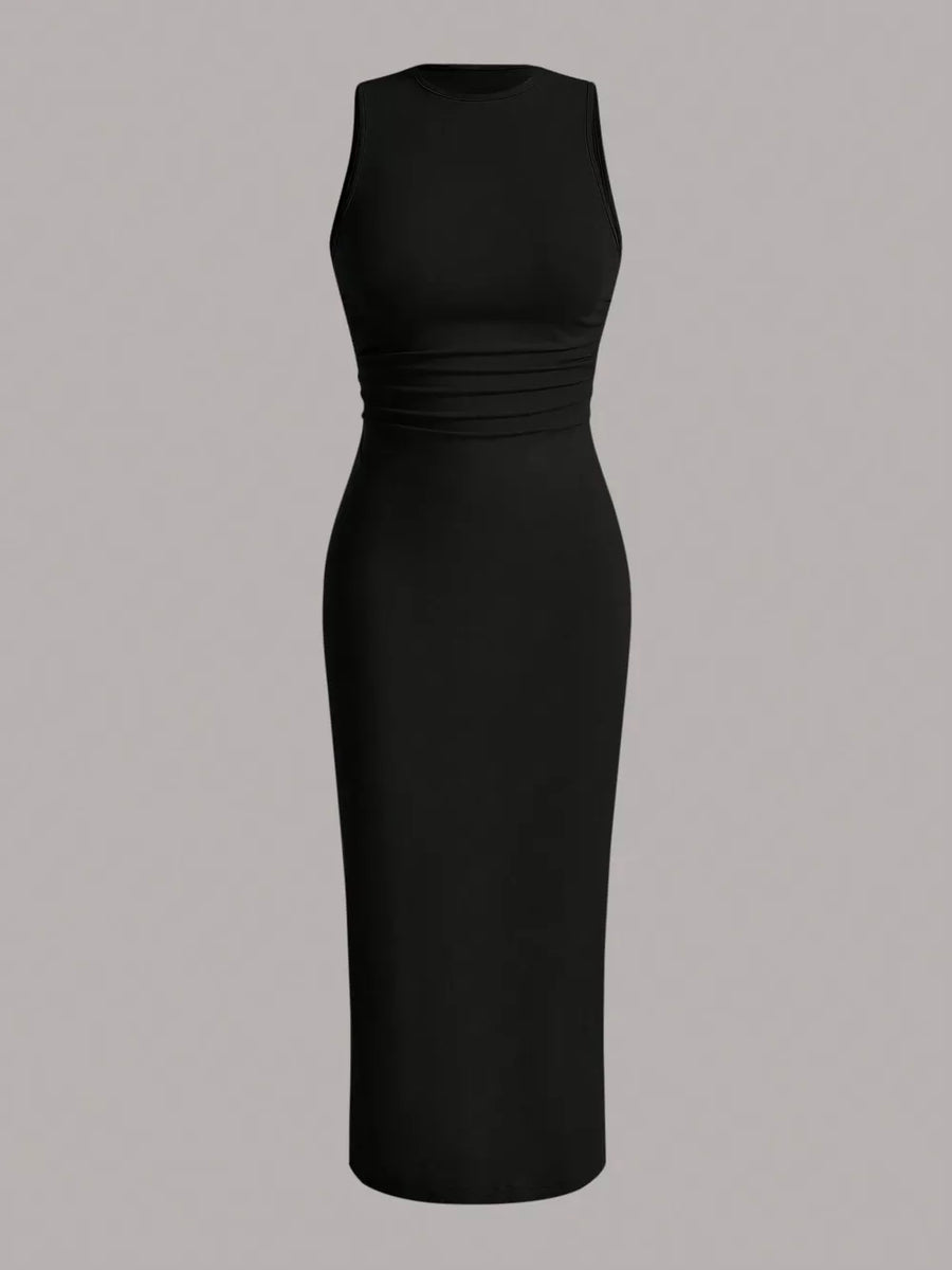 Black sleeveless round neck midi dress with ruched waist detail.