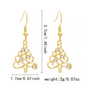 earrings in Gold with christmas tree motif and rhinestone embellishment