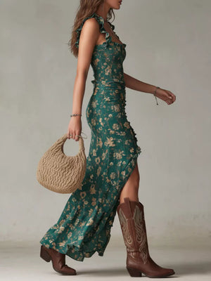Dark green floral ruched maxi dress with ruffled straps and a high slit.