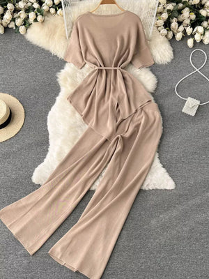 Apricot tied waist two-piece set with short sleeves and wide leg pants