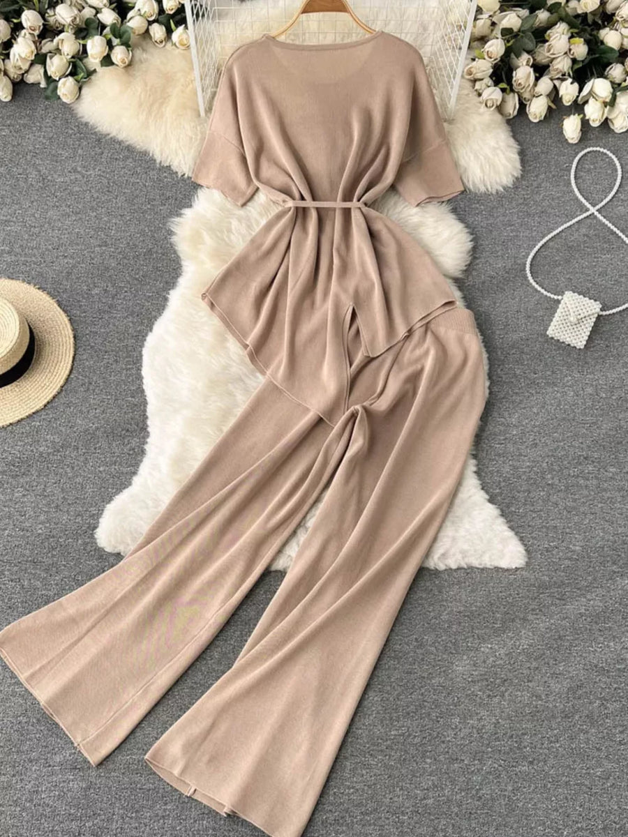 Apricot tied waist two-piece set with short sleeves and wide leg pants
