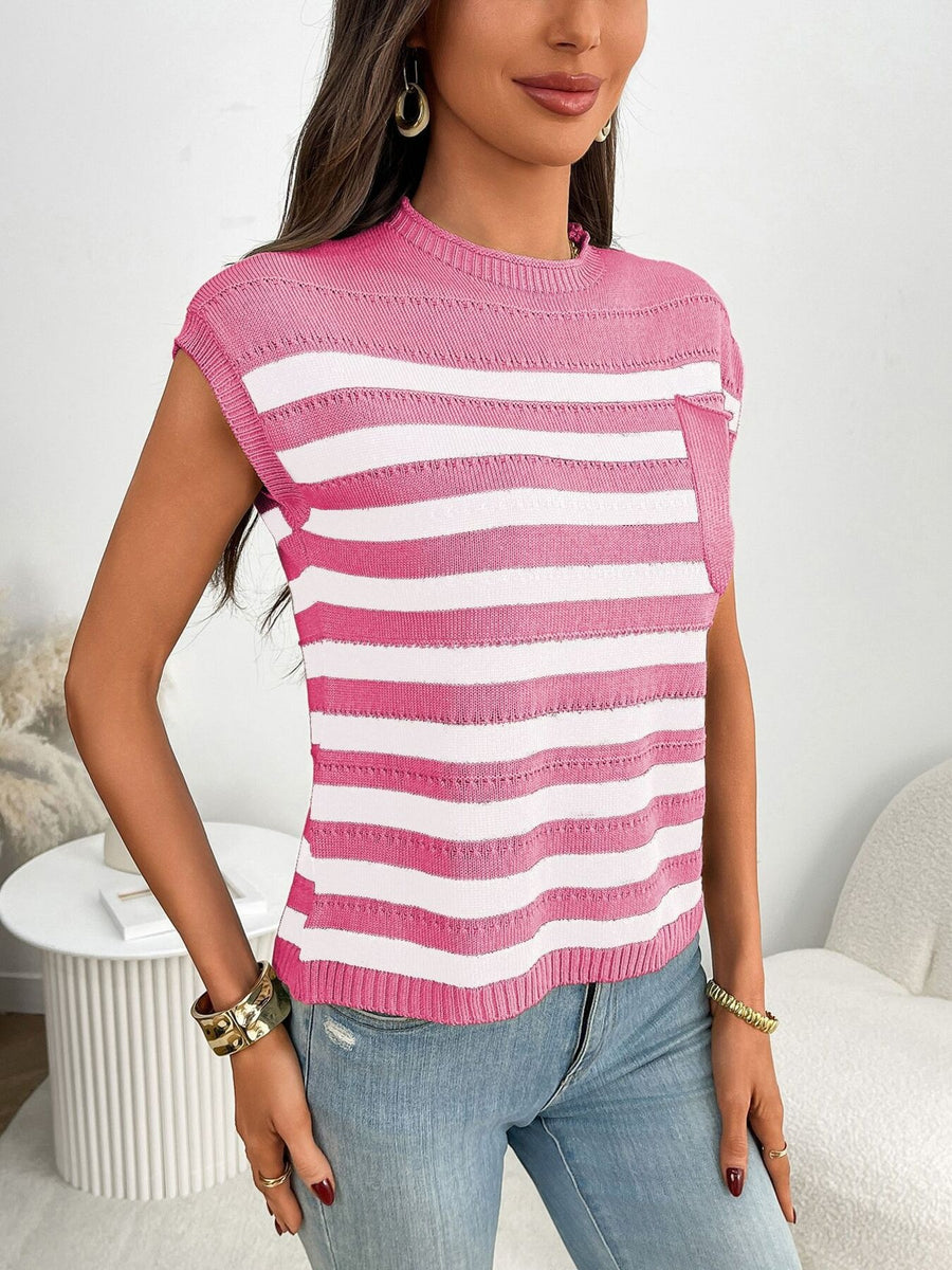 Pink and white striped knit sweater with cap sleeves and a chest pocket.