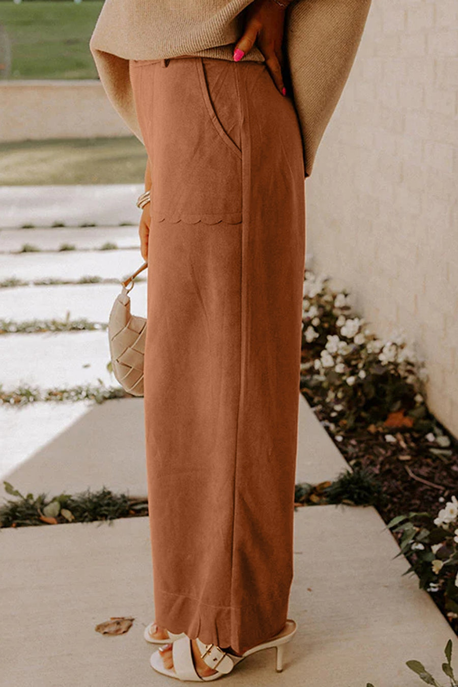 wide-leg pants in rust with scalloped edge and full-length