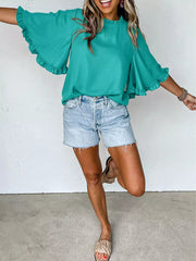 Teal ruffled mock neck half sleeve shirt with bell sleeves.