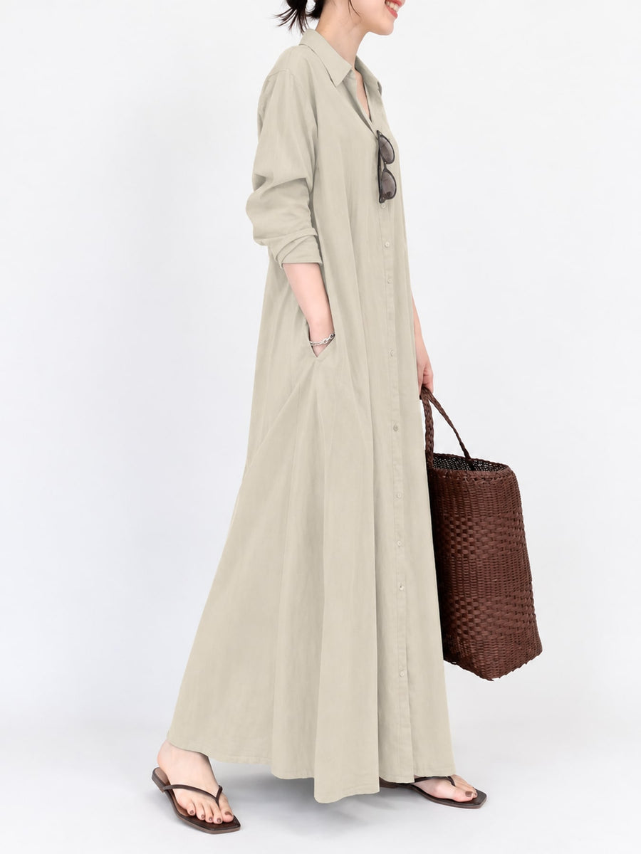 Button Front Long Sleeve Maxi Shirt Dress Plus Size in Olive Green