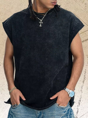 Black distressed relaxed fit men's tank top with wide sleeves and crew neck.