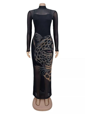 Black with Leopard Print Mesh Long Sleeve Maxi Dress