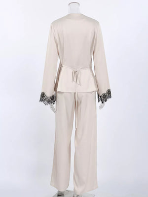 cream pajama set with sheer lace trim and bell sleeve