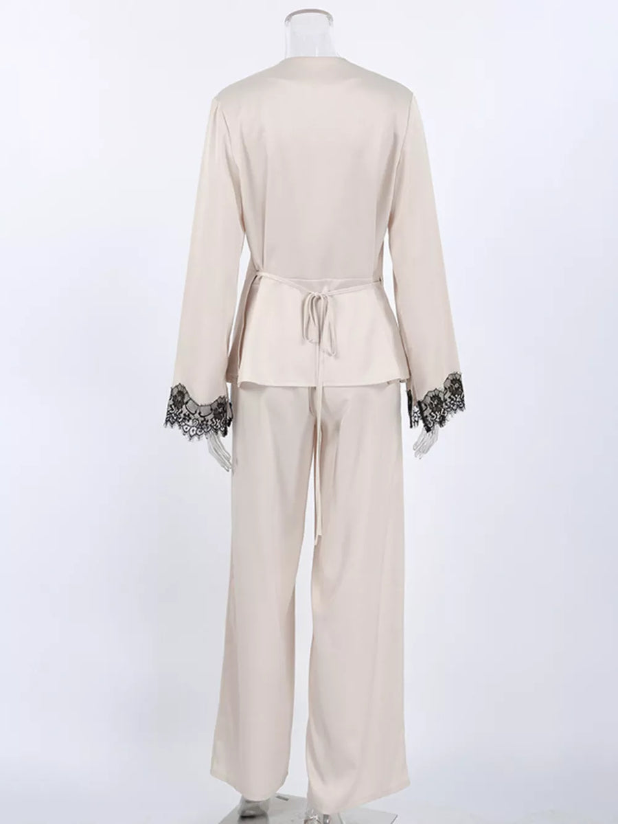 cream pajama set with sheer lace trim and bell sleeve