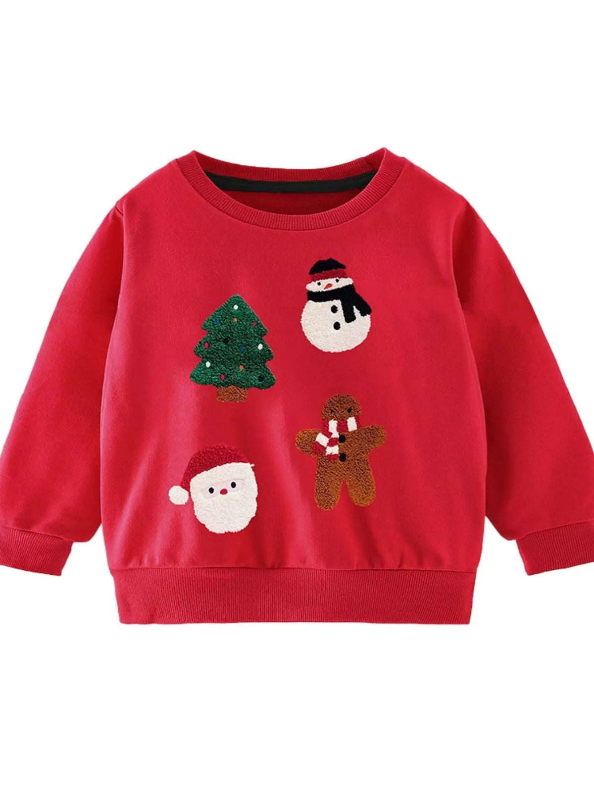 Red crew neck sweatshirt with embroidered Christmas tree, snowman, Santa, and gingerbread man.