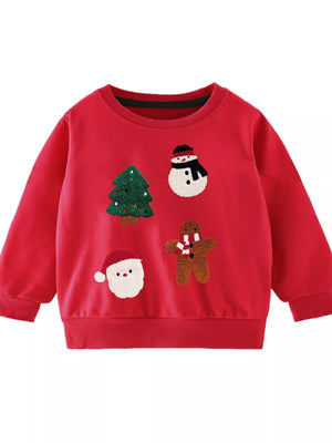 Red crew neck sweatshirt with embroidered Christmas tree, snowman, Santa, and gingerbread man.