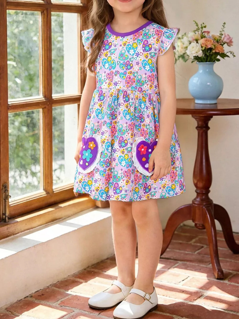 Baby dress with butterfly and heart print, flutter sleeves, purple trim, and heart pockets.