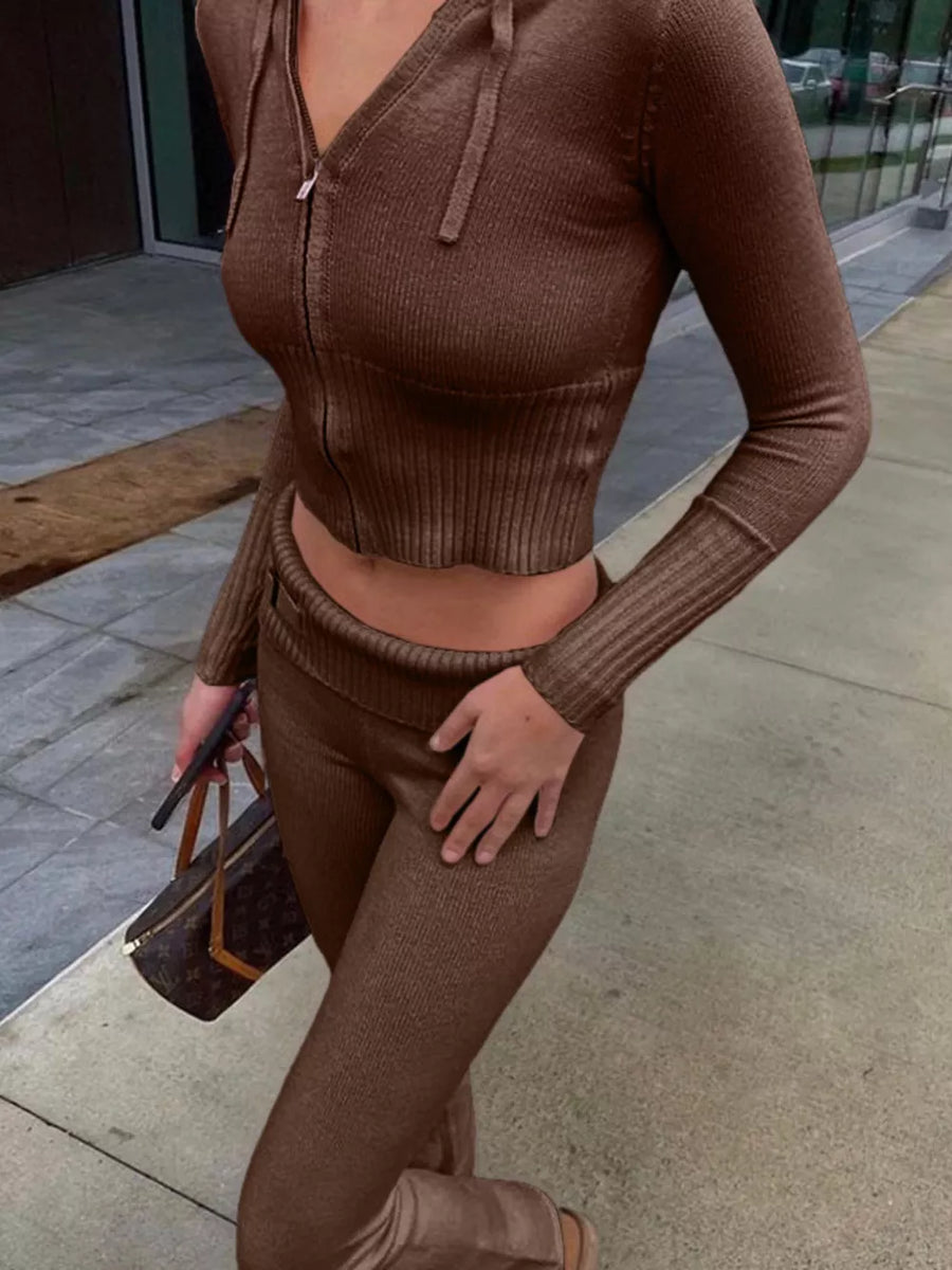 Zip Up Hooded Cardigan And Pants Sweater Set in Brown