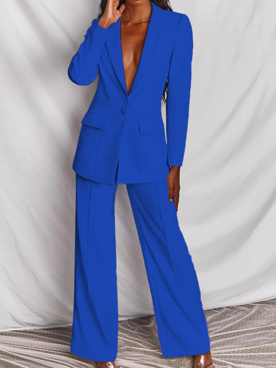 One Button Blazer And Wide-leg Pants Set Plus Size in Brown, view 12