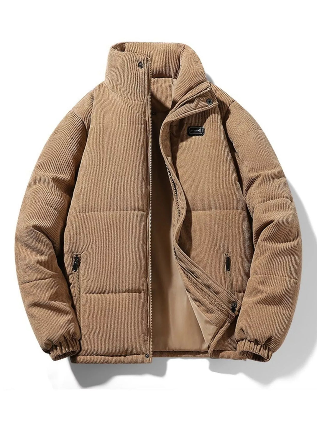 Men's plus-size padded corduroy puffer jacket in khaki with a stand-up collar.