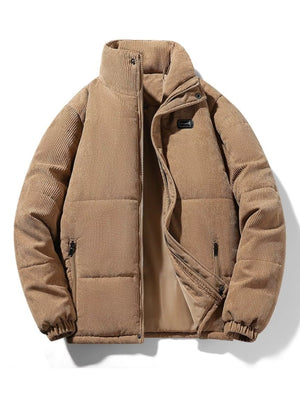 Men's plus-size padded corduroy puffer jacket in khaki with a stand-up collar.