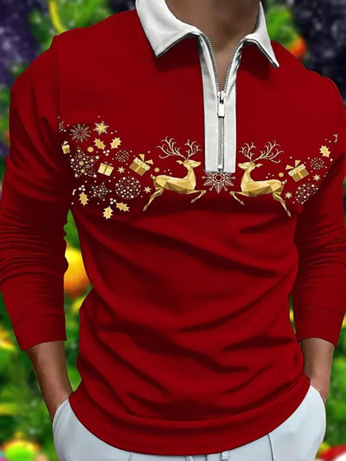 Red zip-neck polo with gold reindeer and snowflake print
