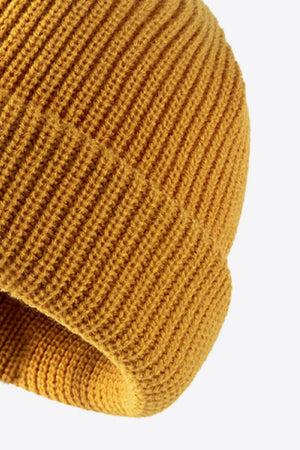 Mustard ribbed knit beanie with folded edge detail