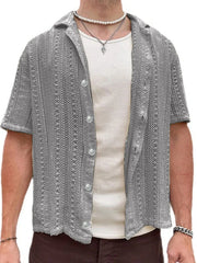 Gray open-knit resort shirt with button-down front and short sleeves.