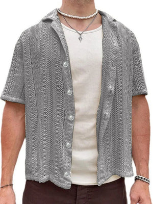 Gray open-knit resort shirt with button-down front and short sleeves.