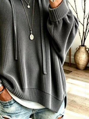 Drawstring Ribbed Knit Hoodie in Navy with drawstring hood
