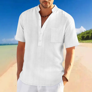 White textured linen henley shirt with mandarin collar and chest pocket