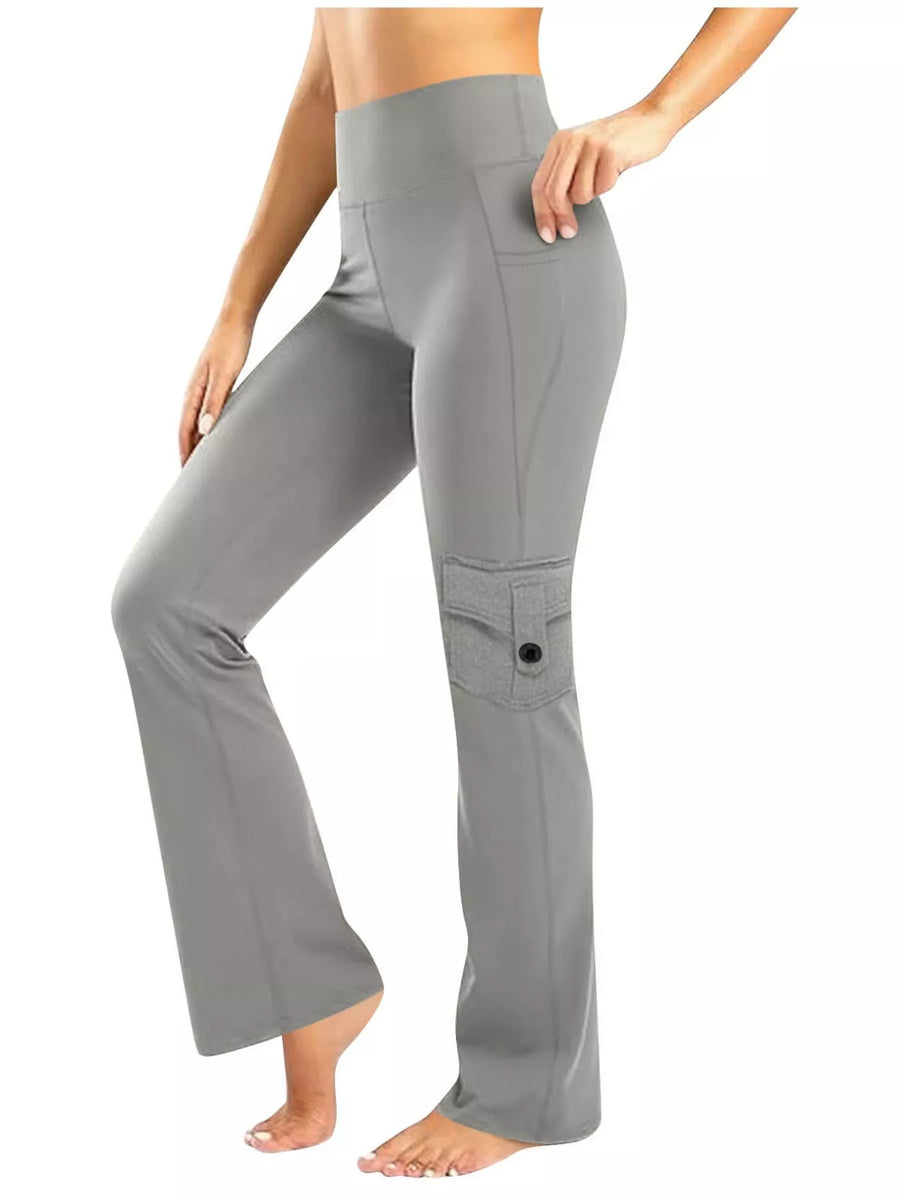 Gray pocketed high-waisted yoga pants with a flared silhouette and a cargo pocket detail.