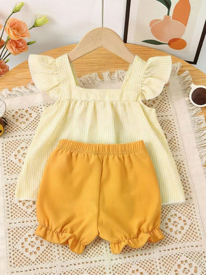 Yellow striped ruffle top and mustard yellow ruffle shorts set for baby girls.