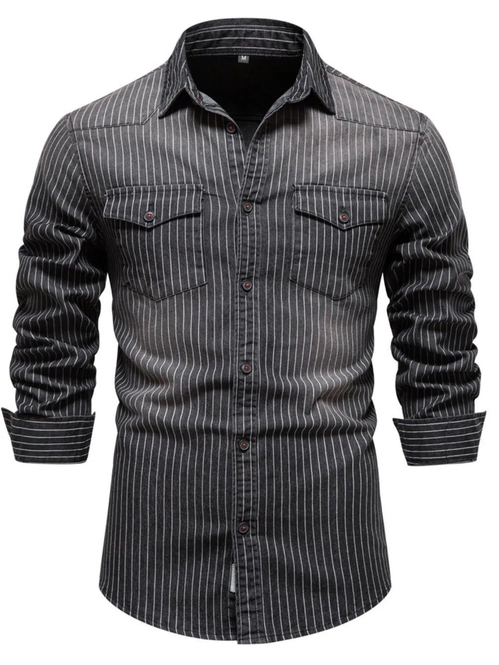 Black vertical stripe denim western shirt with buttoned chest pockets and cuffs.