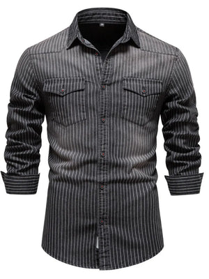 Black vertical stripe denim western shirt with buttoned chest pockets and cuffs.