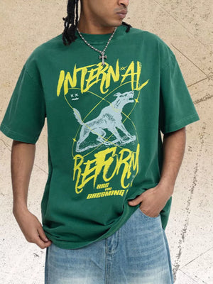Men's dark green cotton t-shirt with howling wolf graphic and yellow text.