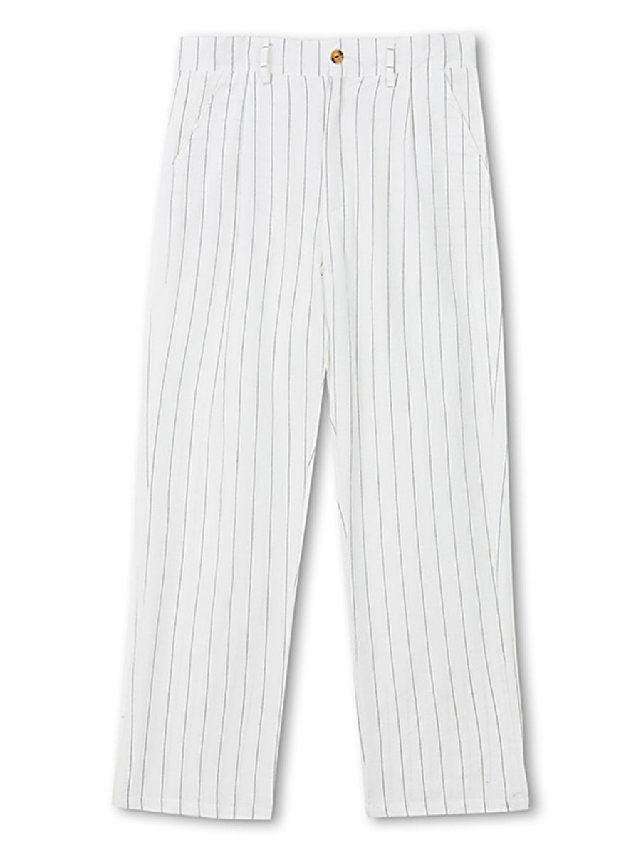 White pinstripe wide-leg sweatpants with a button and zip closure.