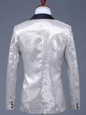 Men's Silvery White Sequin One Button Blazer with black lapel and button cuffs