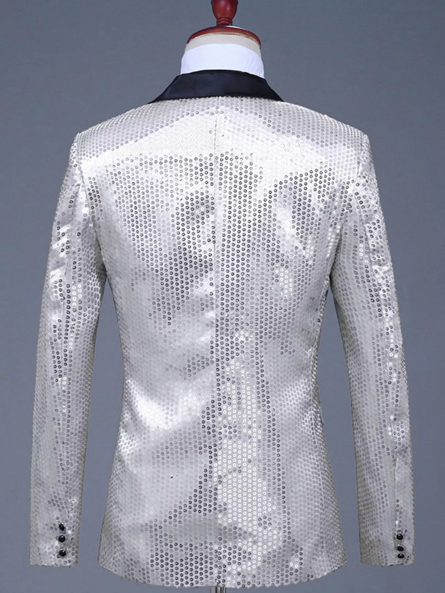 Men's Silvery White Sequin One Button Blazer with black lapel and button cuffs