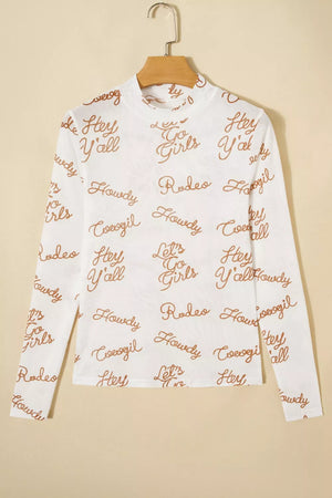 White sheer long sleeve shirt with all-over brown text print and high neckline.