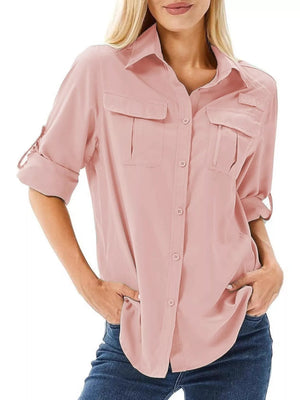 Pink roll-up sleeve button-up shirt with chest pockets and a zip detail
