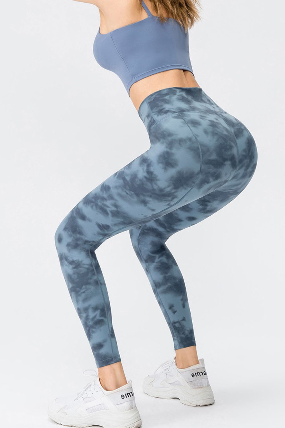 Cloud-Wash High-Waist Performance Leggings in Dusty Blue tie-dye pattern.