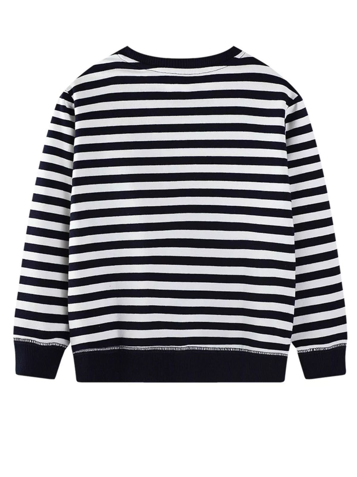 Black and white striped sweatshirt with ribbed cuffs and hem.