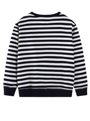 Black and white striped sweatshirt with ribbed cuffs and hem.
