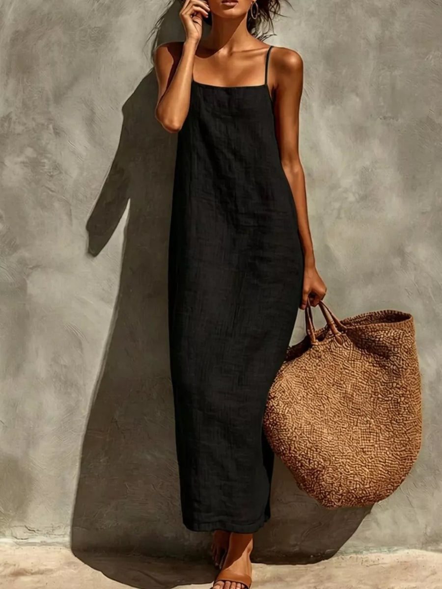 Black linen-blend maxi dress with spaghetti straps and a square neckline.