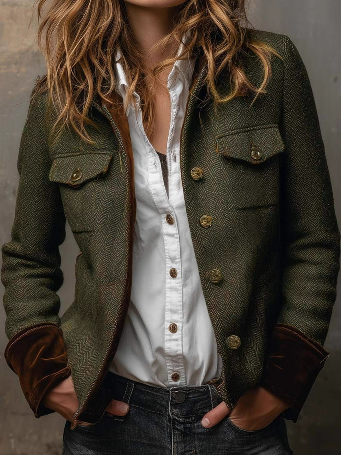 dark olive green blazer with herringbone and notch lapel