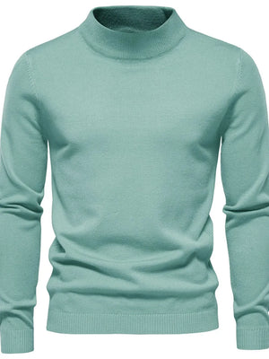 Light blue ribbed mock neck sweater with long sleeves and a classic fit.