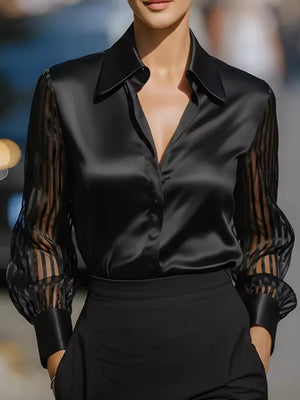 Elegant Shirt With Sheer Striped Sleeves in Navy