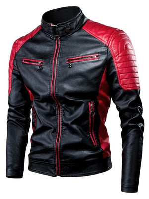 Black and red faux leather moto jacket with zippered pockets and ribbed shoulder details.