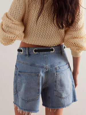 Drawstring Raw Hem Denim Shorts in blue